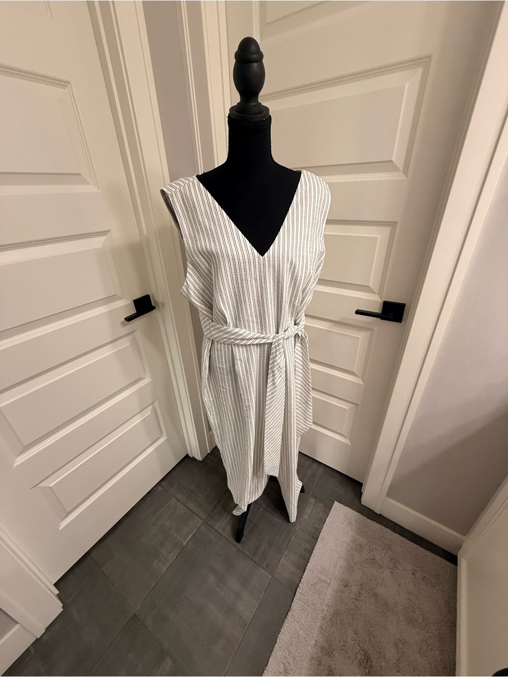 Calvin Klein White and Light Gray Striped Sleeveless Jumpsuit